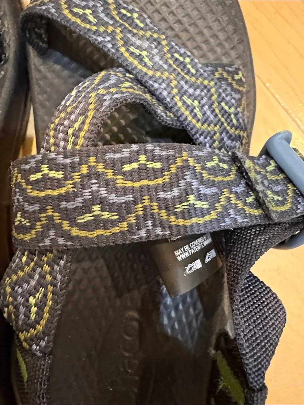 Kids Chacos Navy Sandals with Yellow-Green Patterned Webbing